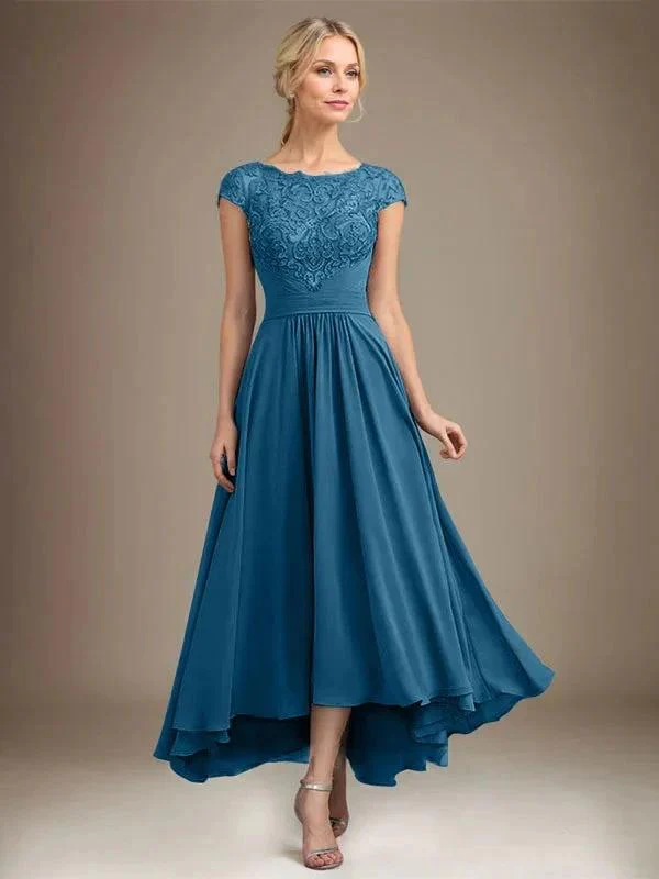 A-line Scoop Illusion Asymmetrical Lace Chiffon Mother of the Bride Dress With Pleated - Image 31