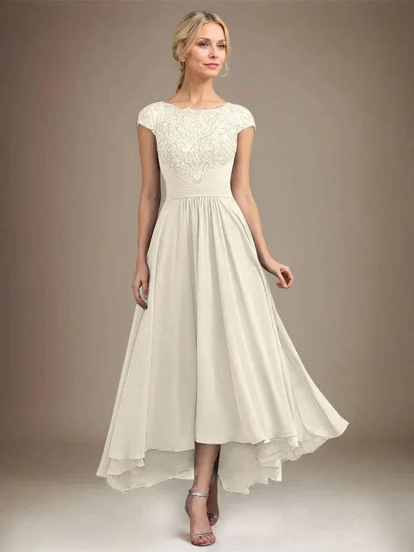 A-line Scoop Illusion Asymmetrical Lace Chiffon Mother of the Bride Dress With Pleated - Image 32