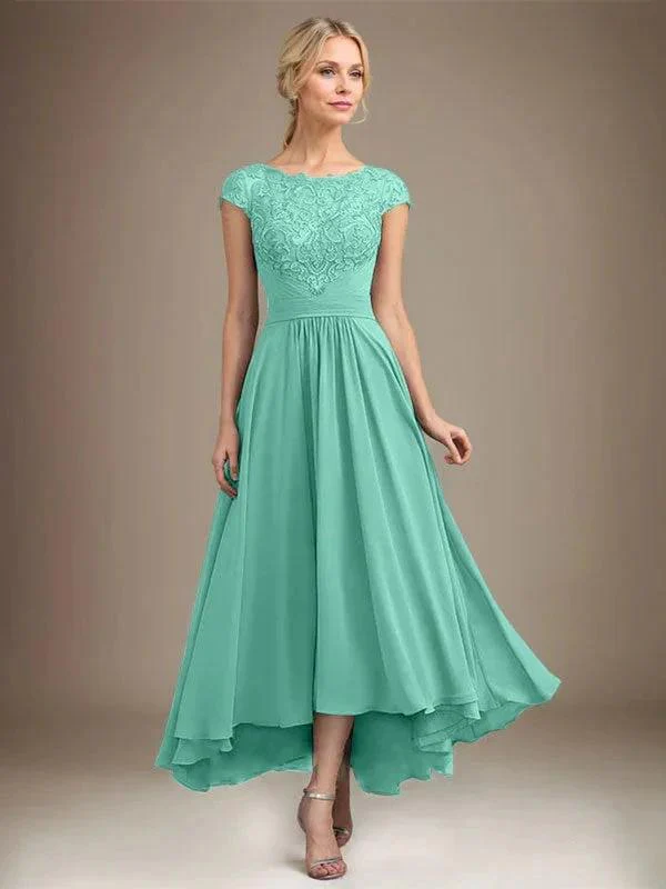 A-line Scoop Illusion Asymmetrical Lace Chiffon Mother of the Bride Dress With Pleated - Image 33