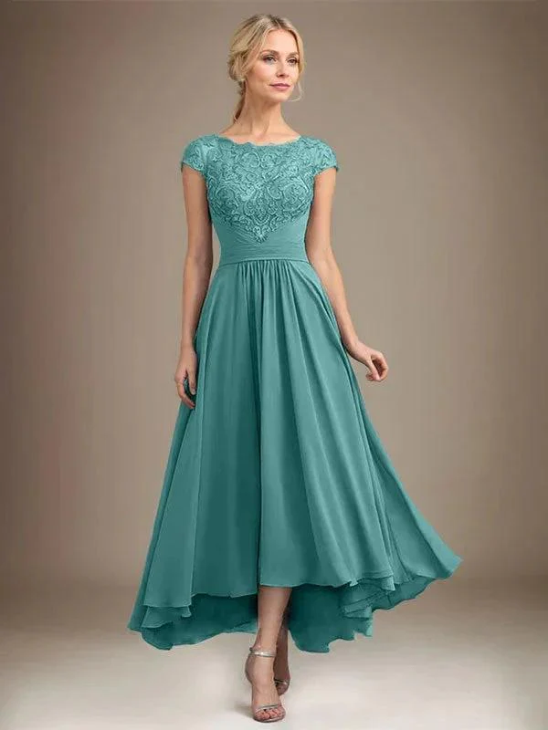 A-line Scoop Illusion Asymmetrical Lace Chiffon Mother of the Bride Dress With Pleated - Image 34