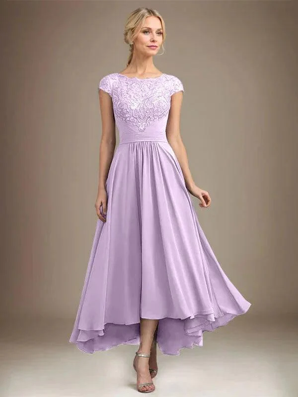 A-line Scoop Illusion Asymmetrical Lace Chiffon Mother of the Bride Dress With Pleated - Image 36