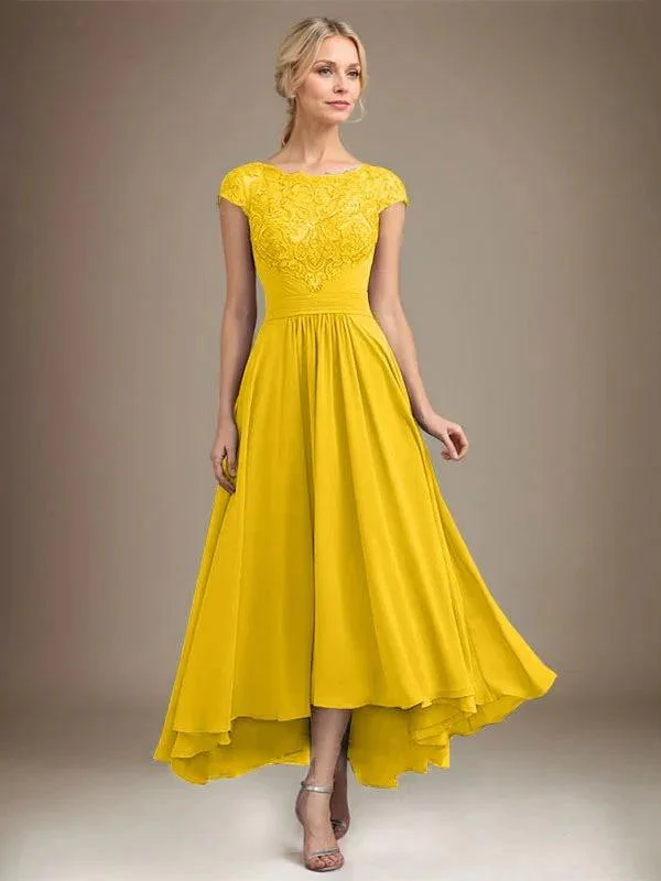A-line Scoop Illusion Asymmetrical Lace Chiffon Mother of the Bride Dress With Pleated - Image 37