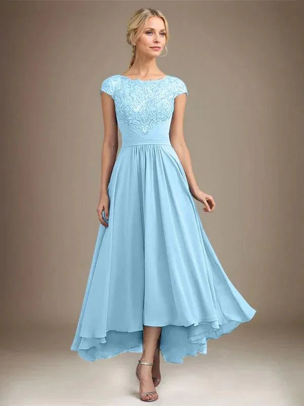 A-line Scoop Illusion Asymmetrical Lace Chiffon Mother of the Bride Dress With Pleated - Image 38