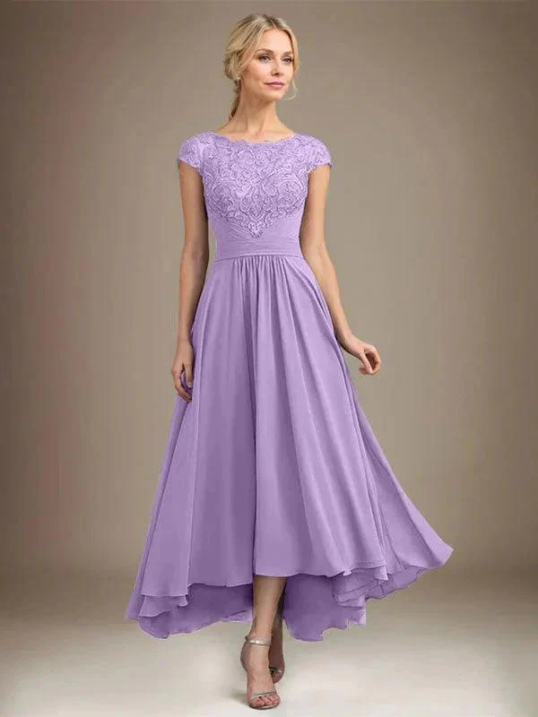A-line Scoop Illusion Asymmetrical Lace Chiffon Mother of the Bride Dress With Pleated - Image 39