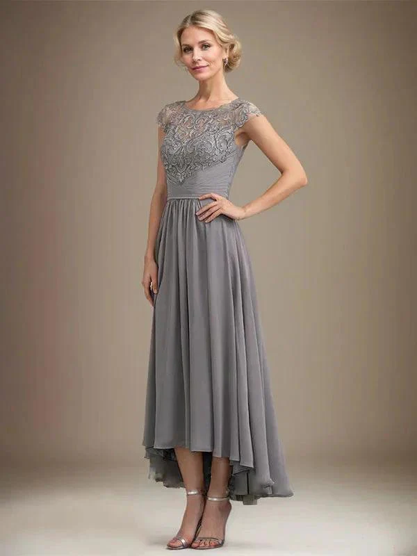 A-line Scoop Illusion Asymmetrical Lace Chiffon Mother of the Bride Dress With Pleated - Image 4