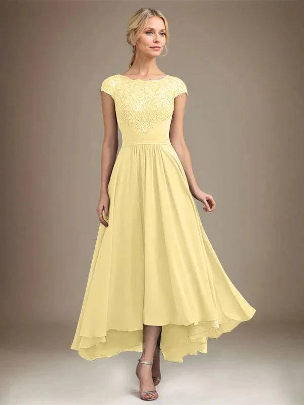 A-line Scoop Illusion Asymmetrical Lace Chiffon Mother of the Bride Dress With Pleated - Image 40
