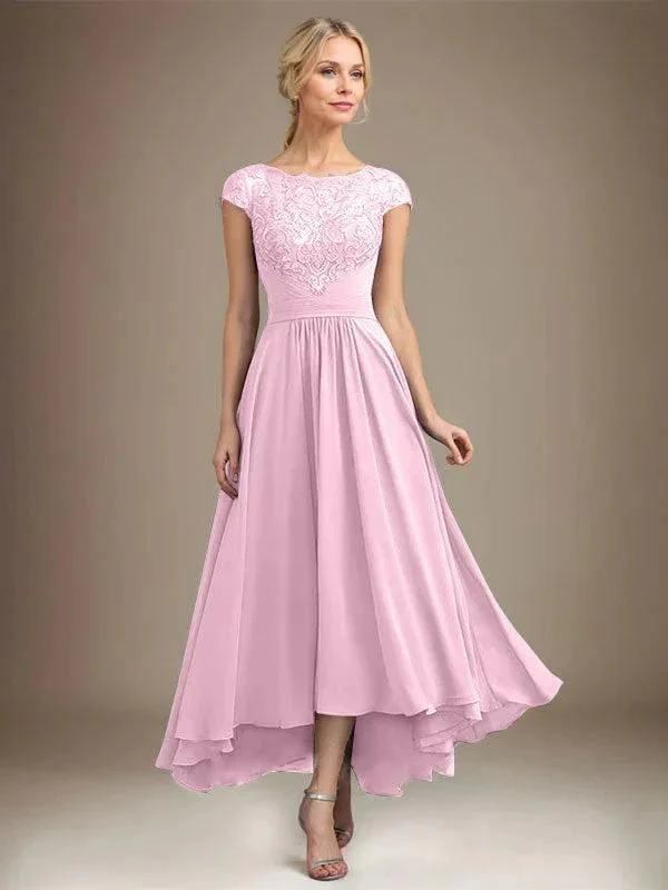 A-line Scoop Illusion Asymmetrical Lace Chiffon Mother of the Bride Dress With Pleated - Image 41