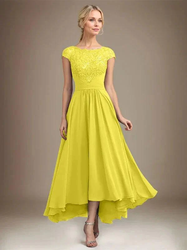 A-line Scoop Illusion Asymmetrical Lace Chiffon Mother of the Bride Dress With Pleated - Image 42