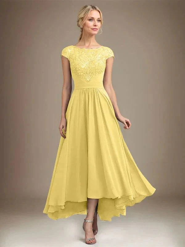 A-line Scoop Illusion Asymmetrical Lace Chiffon Mother of the Bride Dress With Pleated - Image 43