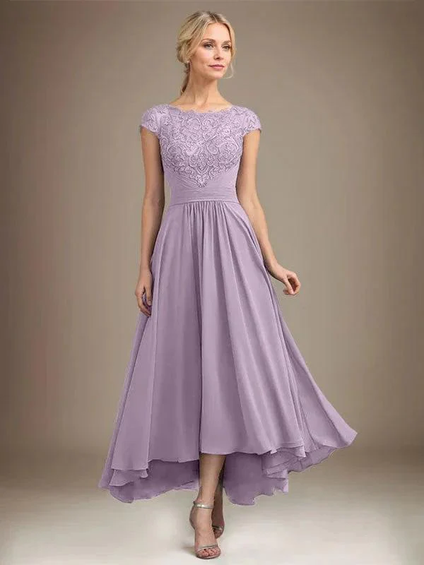 A-line Scoop Illusion Asymmetrical Lace Chiffon Mother of the Bride Dress With Pleated - Image 44