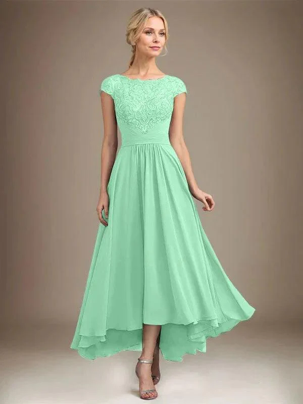 A-line Scoop Illusion Asymmetrical Lace Chiffon Mother of the Bride Dress With Pleated - Image 45