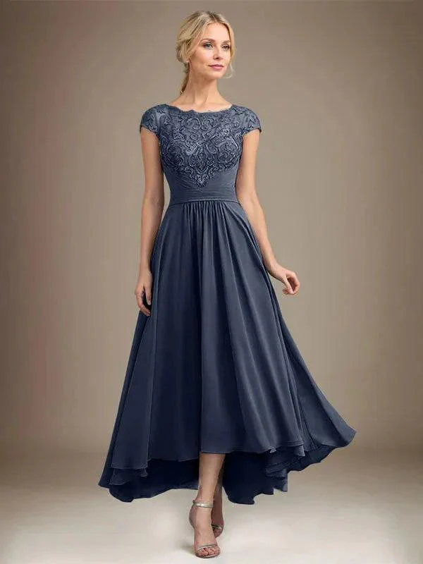 A-line Scoop Illusion Asymmetrical Lace Chiffon Mother of the Bride Dress With Pleated - Image 46