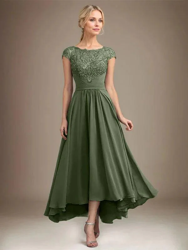 A-line Scoop Illusion Asymmetrical Lace Chiffon Mother of the Bride Dress With Pleated - Image 47