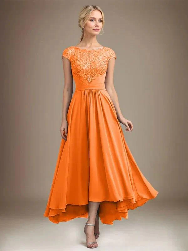A-line Scoop Illusion Asymmetrical Lace Chiffon Mother of the Bride Dress With Pleated - Image 48