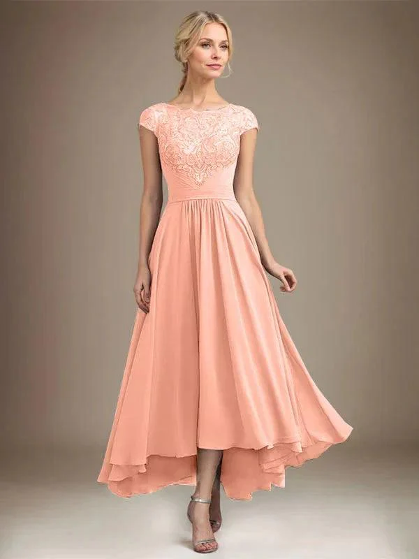 A-line Scoop Illusion Asymmetrical Lace Chiffon Mother of the Bride Dress With Pleated - Image 49