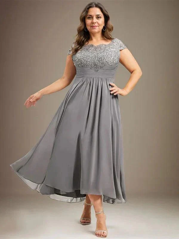 A-line Scoop Illusion Asymmetrical Lace Chiffon Mother of the Bride Dress With Pleated - Image 5