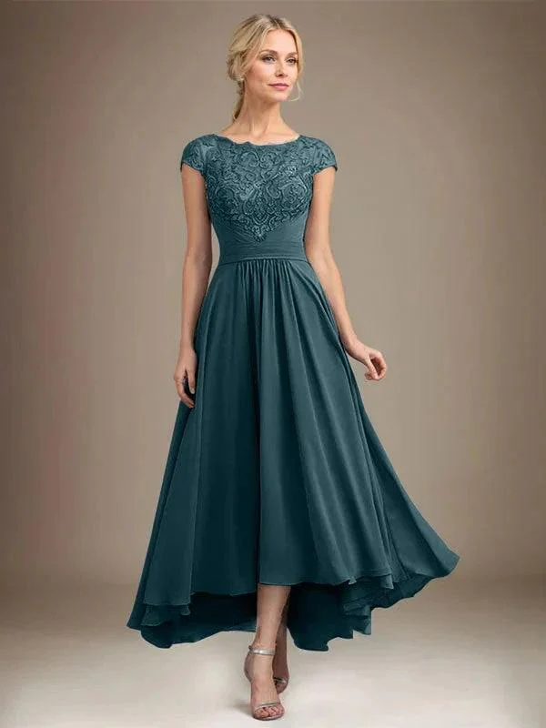 A-line Scoop Illusion Asymmetrical Lace Chiffon Mother of the Bride Dress With Pleated - Image 50