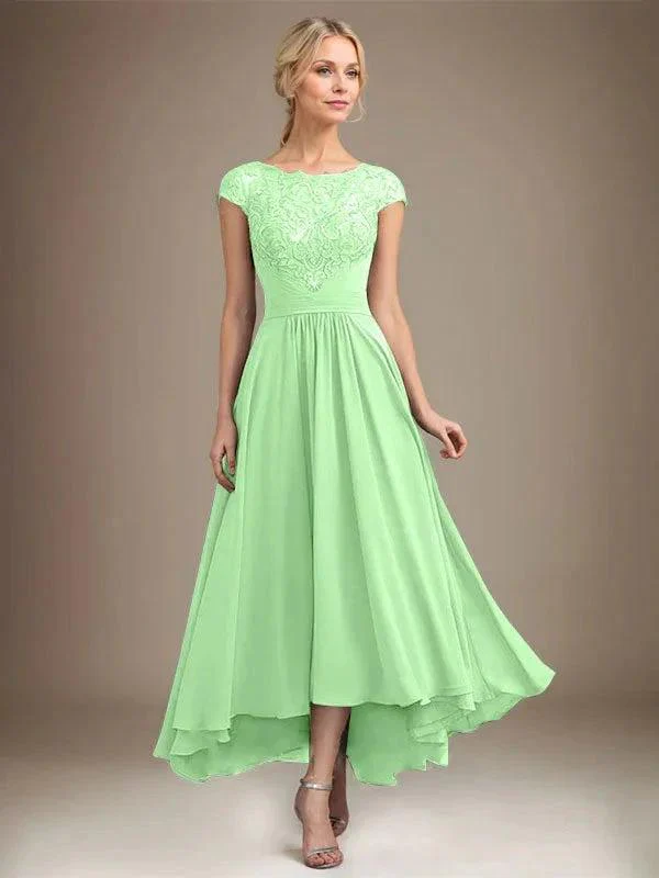 A-line Scoop Illusion Asymmetrical Lace Chiffon Mother of the Bride Dress With Pleated - Image 51