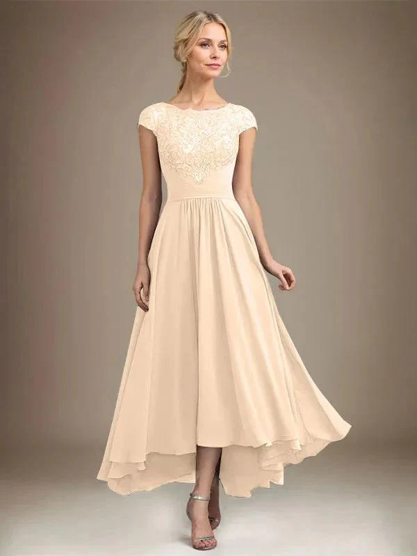 A-line Scoop Illusion Asymmetrical Lace Chiffon Mother of the Bride Dress With Pleated - Image 52