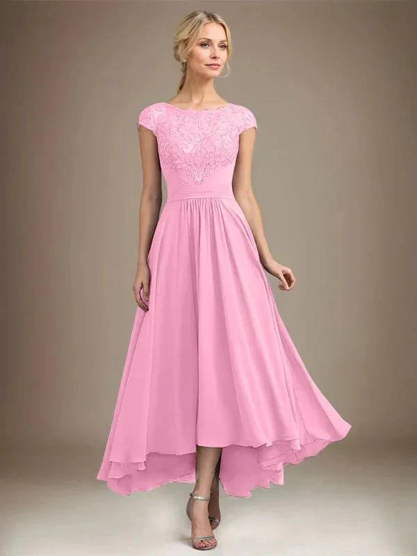 A-line Scoop Illusion Asymmetrical Lace Chiffon Mother of the Bride Dress With Pleated - Image 53