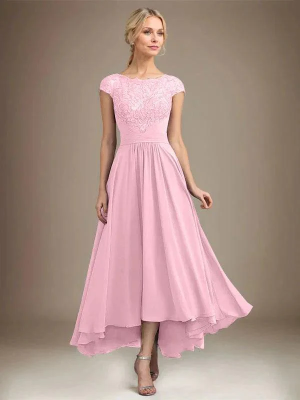A-line Scoop Illusion Asymmetrical Lace Chiffon Mother of the Bride Dress With Pleated - Image 54