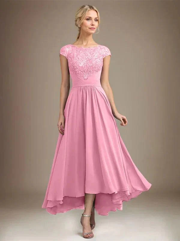 A-line Scoop Illusion Asymmetrical Lace Chiffon Mother of the Bride Dress With Pleated - Image 55