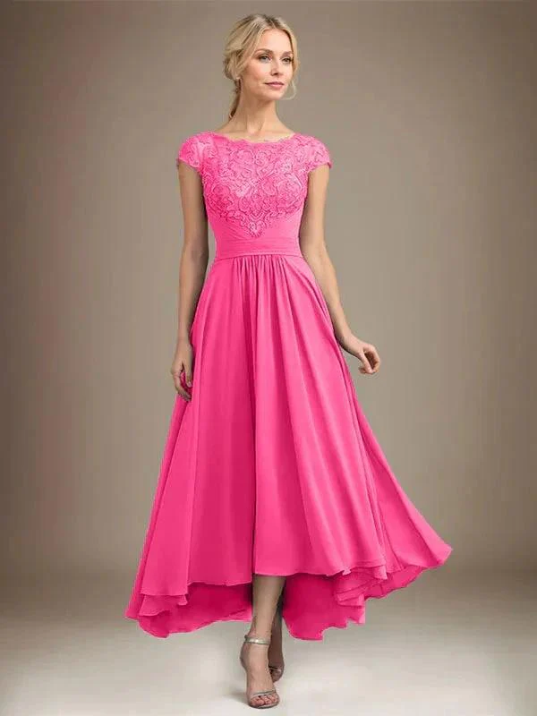 A-line Scoop Illusion Asymmetrical Lace Chiffon Mother of the Bride Dress With Pleated - Image 56