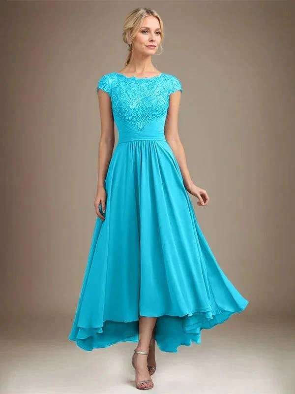 A-line Scoop Illusion Asymmetrical Lace Chiffon Mother of the Bride Dress With Pleated - Image 57
