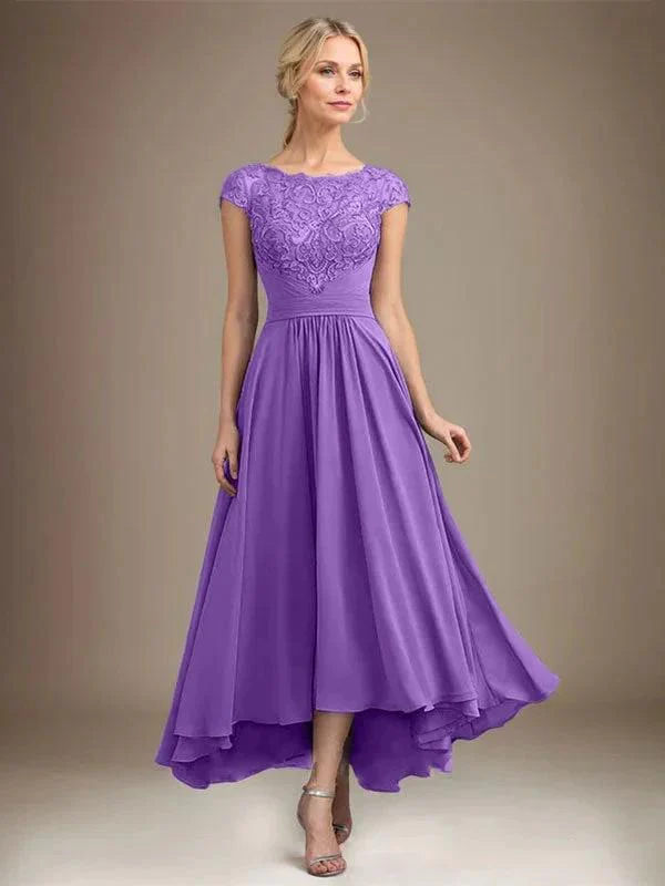A-line Scoop Illusion Asymmetrical Lace Chiffon Mother of the Bride Dress With Pleated - Image 58