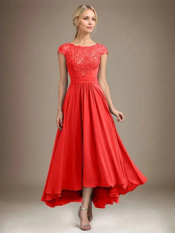 A-line Scoop Illusion Asymmetrical Lace Chiffon Mother of the Bride Dress With Pleated - Image 59