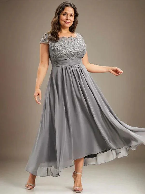 A-line Scoop Illusion Asymmetrical Lace Chiffon Mother of the Bride Dress With Pleated - Image 6