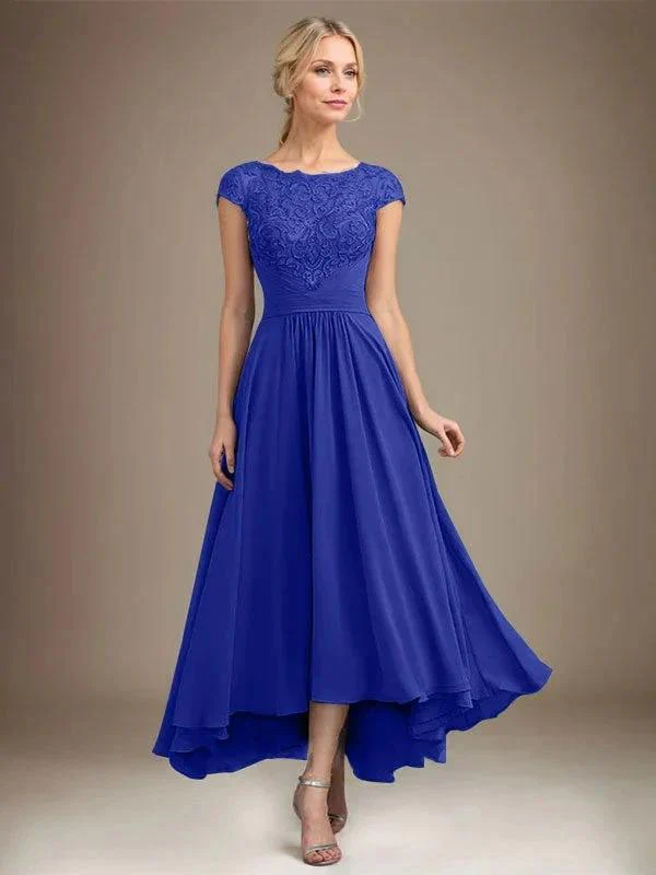 A-line Scoop Illusion Asymmetrical Lace Chiffon Mother of the Bride Dress With Pleated - Image 60