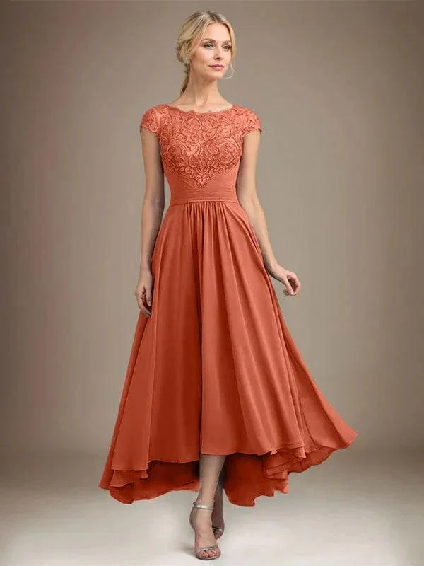 A-line Scoop Illusion Asymmetrical Lace Chiffon Mother of the Bride Dress With Pleated - Image 61