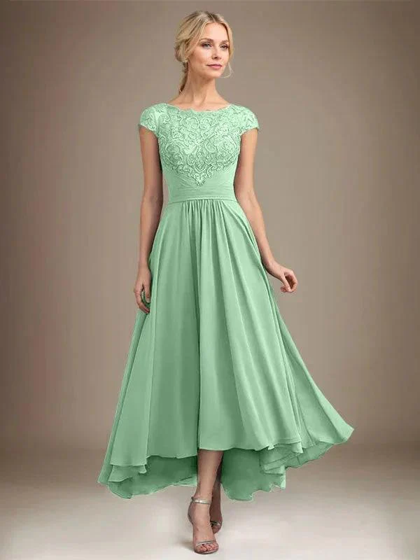A-line Scoop Illusion Asymmetrical Lace Chiffon Mother of the Bride Dress With Pleated - Image 62
