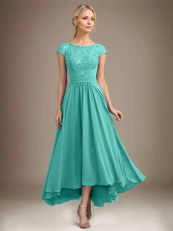 A-line Scoop Illusion Asymmetrical Lace Chiffon Mother of the Bride Dress With Pleated - Image 63