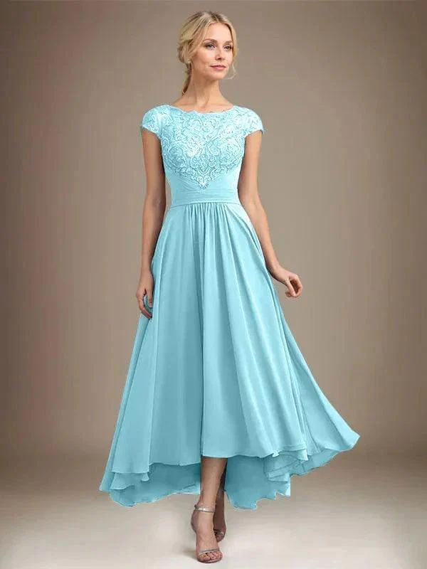 A-line Scoop Illusion Asymmetrical Lace Chiffon Mother of the Bride Dress With Pleated - Image 64