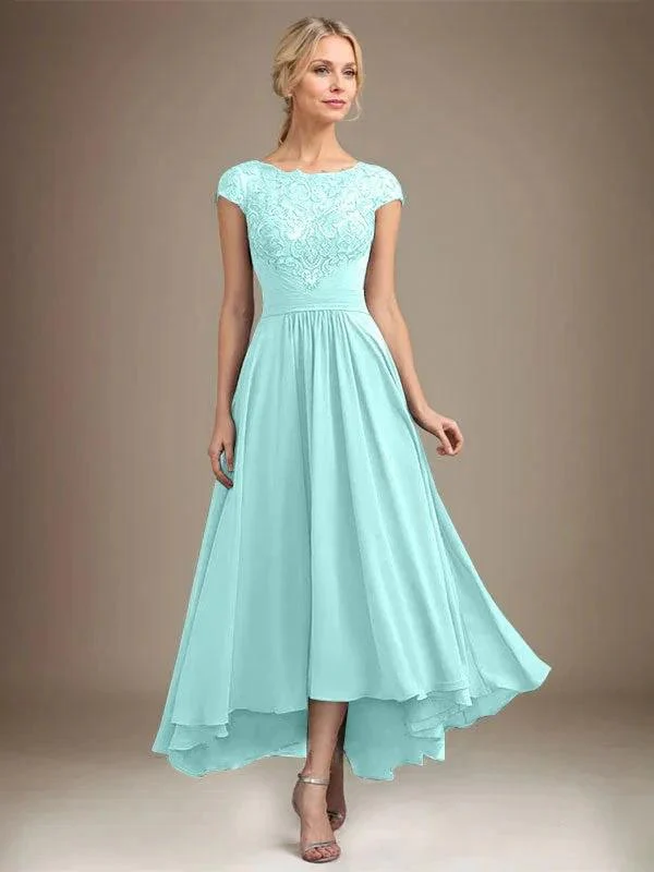 A-line Scoop Illusion Asymmetrical Lace Chiffon Mother of the Bride Dress With Pleated - Image 65