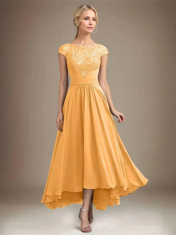 A-line Scoop Illusion Asymmetrical Lace Chiffon Mother of the Bride Dress With Pleated - Image 66