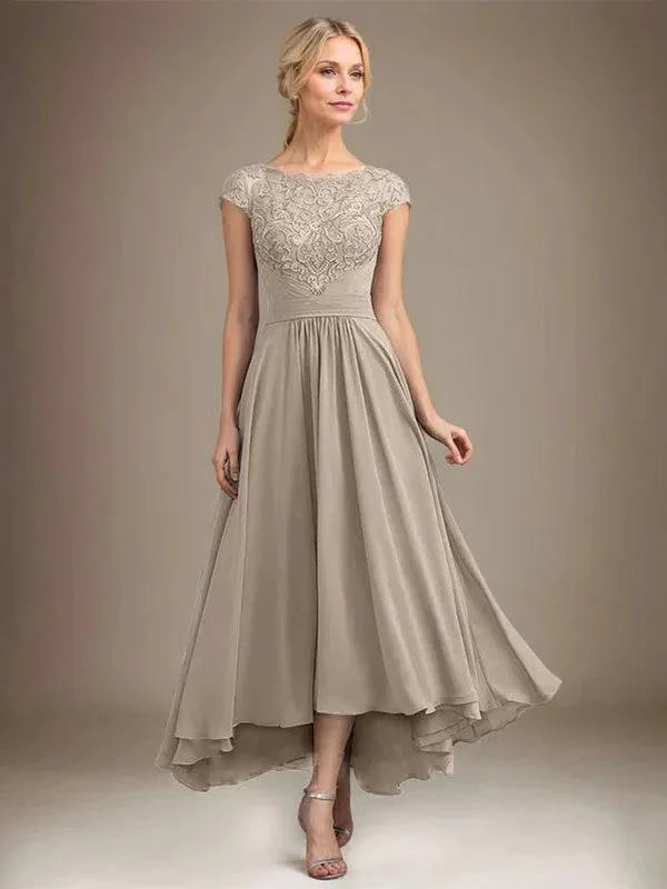 A-line Scoop Illusion Asymmetrical Lace Chiffon Mother of the Bride Dress With Pleated - Image 67
