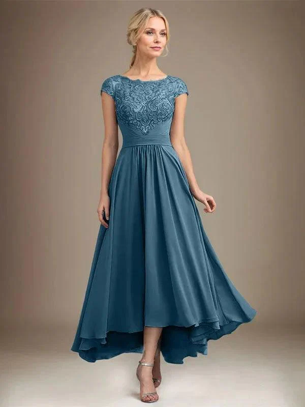 A-line Scoop Illusion Asymmetrical Lace Chiffon Mother of the Bride Dress With Pleated - Image 68