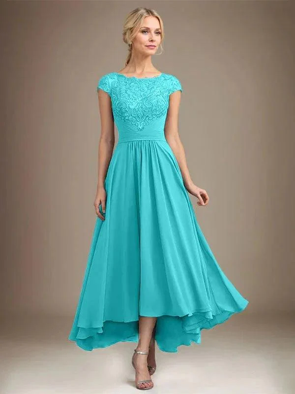A-line Scoop Illusion Asymmetrical Lace Chiffon Mother of the Bride Dress With Pleated - Image 69