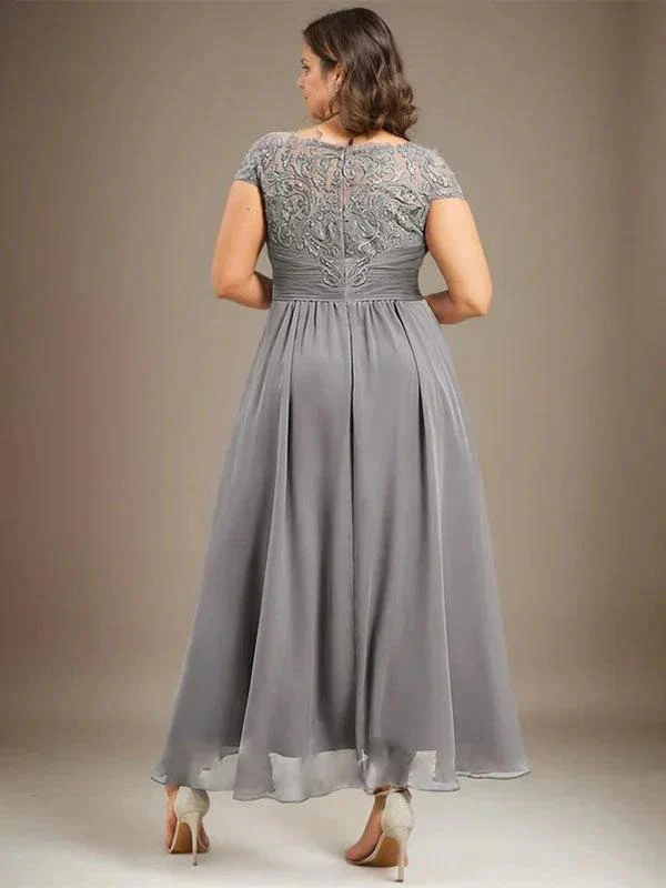 A-line Scoop Illusion Asymmetrical Lace Chiffon Mother of the Bride Dress With Pleated - Image 7