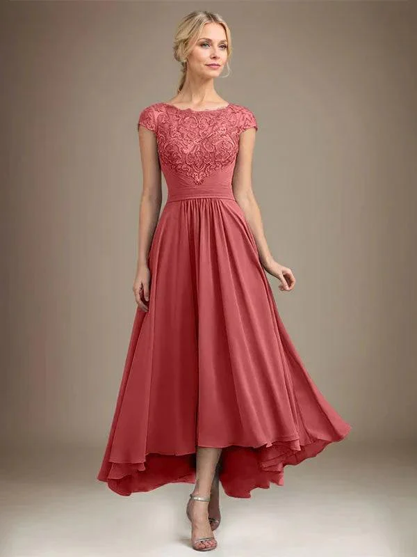 A-line Scoop Illusion Asymmetrical Lace Chiffon Mother of the Bride Dress With Pleated - Image 70