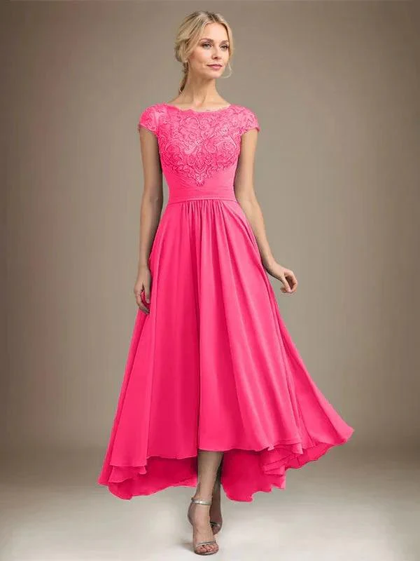 A-line Scoop Illusion Asymmetrical Lace Chiffon Mother of the Bride Dress With Pleated - Image 71
