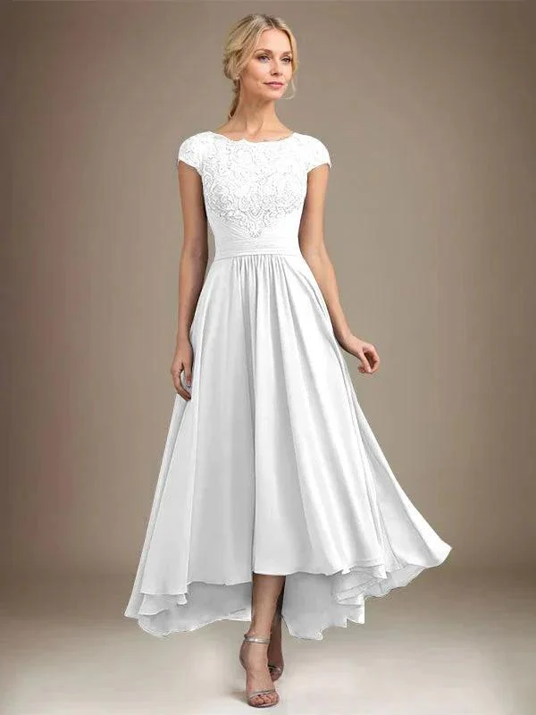 A-line Scoop Illusion Asymmetrical Lace Chiffon Mother of the Bride Dress With Pleated - Image 72