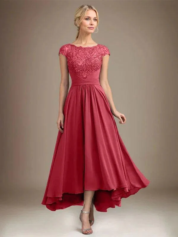 A-line Scoop Illusion Asymmetrical Lace Chiffon Mother of the Bride Dress With Pleated - Image 73