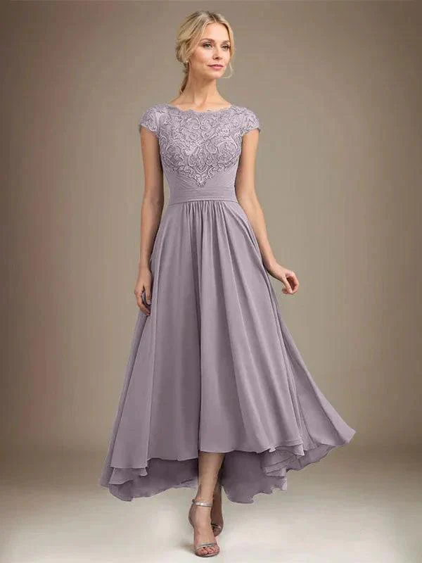 A-line Scoop Illusion Asymmetrical Lace Chiffon Mother of the Bride Dress With Pleated - Image 74