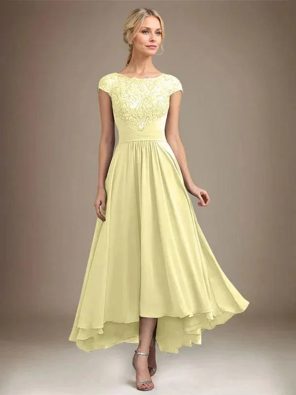 A-line Scoop Illusion Asymmetrical Lace Chiffon Mother of the Bride Dress With Pleated - Image 75