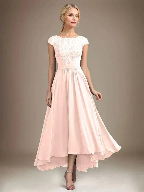 A-line Scoop Illusion Asymmetrical Lace Chiffon Mother of the Bride Dress With Pleated - Image 76