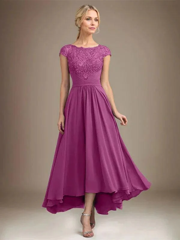 A-line Scoop Illusion Asymmetrical Lace Chiffon Mother of the Bride Dress With Pleated - Image 8